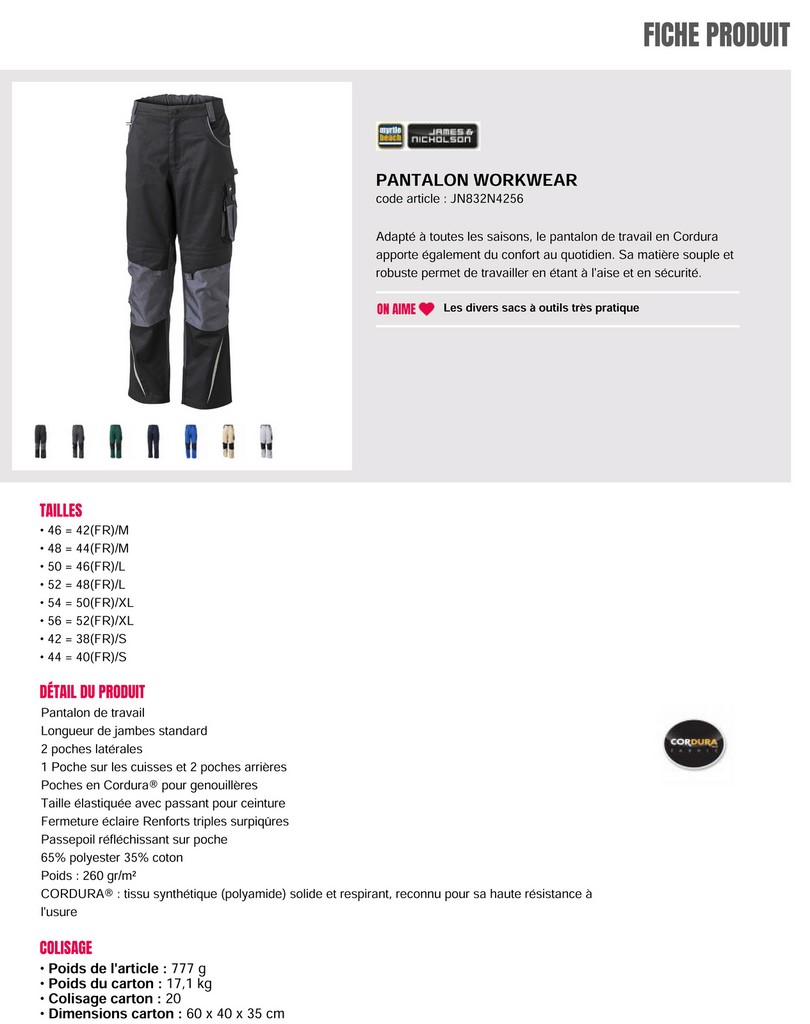 PANTALON DE TRAVAIL WORKWEAR SOUPLE ET ROBUSTE SERIVET'PRO NANTES